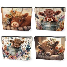 HZMLYDJ 4 Pack Western Cow Makeup Bags - Cow Print Cosmetic Zipper Pouches, Cute Themed Gifts for Women, Cow Lovers, Girls, Friends & Coworkers - Perfect for Christmas, Birthday Presents