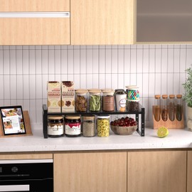 Jojocross Expandable Stackable Aadjustable Spice Rack Pantry Shelf for Kitchen Cabinets Counter Shelves Countertop Cupboard Storage Solution,Sturdy Heavy-Duty Metal Construction(2Packs/Black/Medium)