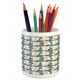 Ambesonne Eastern Pencil Pen Holder, Maneki Neko Beckoning Cat Tradition of Luck Belief Repeated Pattern, Ceramic Pencil Holder for Desk Office Accessory, 3.6" X 3.2", Pale Teal and Multicolor