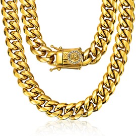 ROWIN&CO Miami Cuban Link Chain for Men 18K Gold Stainless Steel Curb Necklace/Bracelet, Hip Hop Jewelry, Durable & Anti-Tarnish CZ Diamond Skull Clasp Chain 8" to 30" Inch