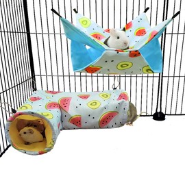 Large Caliber Guinea Pig & Rat Tunnel Hideout & Hammock, Corner Hideout Toy for Guinea Pig, Ferret, Hedgehog & Piggy to Hide and Shuttle (3. Hammock&Tunnel-Watermelon)