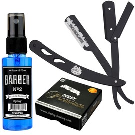 The Shave Factory Straight Edge Razor Kit (Black/Barber No2 Cologne 50ml / 100 Derby Premium Single Edge Razor Blades)