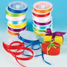 Baker Ross Coloured Satin Ribbon Value Pack 8 Colour, 4mm & 10mm 7.5m/Reel for Kid's Craft & Card Making(Pack of 16 reels)