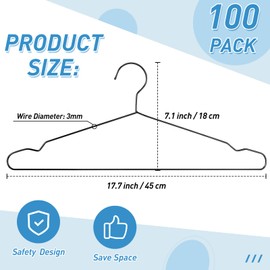 Wesiti 100 Pcs Stainless Steel Metal Hangers Wire Hangers for Clothes Strong Ultra Thin Space Saving Wire 17.7" Clothes Space for Coat Suit Bridal Boutique Dress Closet Dorm Clothing Rack(Black)