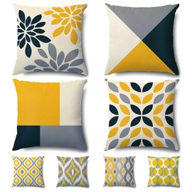 Artscope Cozy Double Sided Print Velvet Cushion Covers, 8 Diffreent Modern Patterns Soft Throw Pillow Covers for Sofa Couch Car Home Decor 45 x 45 cm, Set of 4 -Geometric Yellow Gray