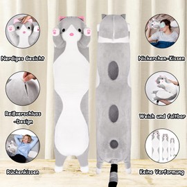 Aragallant Long Cat Plush Cushion, Long Plush Toy Cushion, Cat Cushion Cuddly Toy 90 cm, Soft Cat Cushion, Plush Toy Birthday Christmas Gift for Children (Grey, 70 cm)