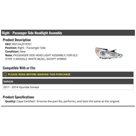 Right Passenger Side Headlight Assembly - with White Bezel - Compatible with 2011-2014 Hyundai Sonata Except Hybrid (For GLS Type 1 Models)