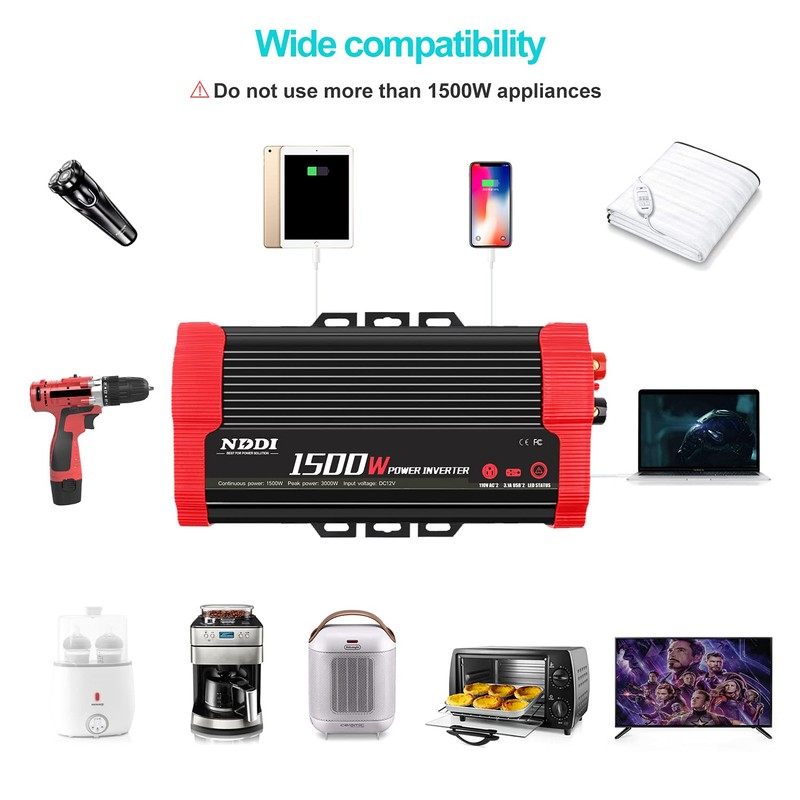 NDDI POWER 1500W Car Power Inverter 12V DC to 110V