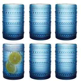 Consou Large Glasses Set of 6, 15 oz Hobnail Vintage Glassware Drinking Glasses-Embossed Blue Glass Cup for Water, Juice, Cocktail