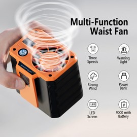 MARZIUS Outdoor 4 In 1 Function USB Waist Fan Belt Fan Clip On Personal Necklace Cooling Work Clothes Fan,3 Speed,9000 mAh,Strong Airflow (Orange)
