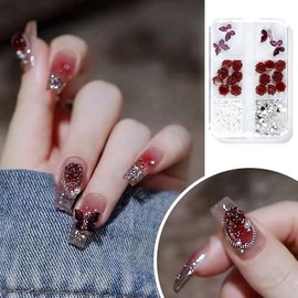 Lismyakey Nail Parts, Nail Art, 3D Rose Flower, Pearl, Jewelry Parts, Nail Deco Parts, Beads, Flower Parts, White, Metallic Granules, 3D Nail Art Decoration (Red)