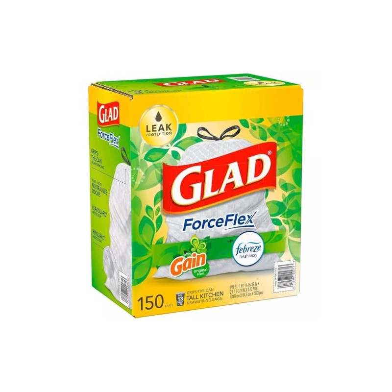 GLAD ForceFlex Tall Kitchen Drawstring White Trash Bags, Gain Original