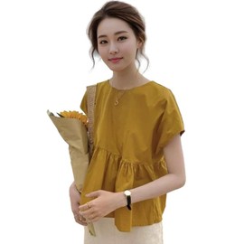 J-Scott JS176 Women's Back Ribbon Top, Waist Switching, A-Line, Spring/Summer, French Sleeve, Polyester, yellow, XL