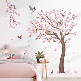 decalmile Large Cherry Blossom Tree Wall Stickers Pink Flower Birds Tree Branch Wall Decals Living Room Girls Bedroom Baby Nursery Wall Decor(H: 59 inches/150 cm)