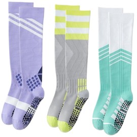 Dress Cici Cotton Compression Socks for Women, Anti Skid Knee High Yoga Long Socks with Stripes, Letter Print And Stars (3 Pack: Blue+Grey+Purple)
