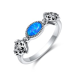 HUKKUN Turtle Ring Sterling Silver Blue Opal Ring Promise Engagement Ring Turtle Jewelry Gift for Women