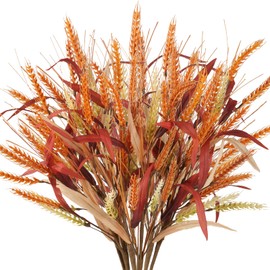 MHMJON 6 Pcs Fall Leaves Stems 22.4" Artificial Wheat Stalks Autumn Leaves Branchs Faux Fall Flowers Grass Fake Plants for Floral Arrangement Home Table Centerpieces Vase Fireplace Table Decor