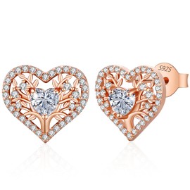 LAVUMO Ohrringe Silber 925, Hypoallergene Lebensbaum Herz Ohrringe Damen,5A Zirkon Geburtsstein Schmuck Ideal Geburtstagsgeschenk für Frauen Freundin Mama Valentinstag Muttertags Weihnachten
