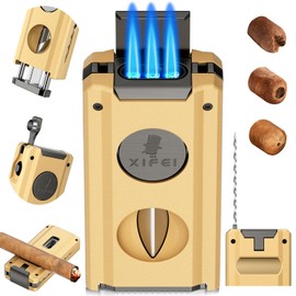 XIFEI Cigar Lighter, 5-in-1 Multifunctional Torch Lighter with Cigar Cutter, Built-in Cigar Punch, Cigar Holder, Cigar Draw Enhancer, Refillable Triple Jet Flame Windproof Smoking Lighters (Gold)
