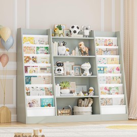 FOTOSOK 51" Kids Bookshelf, 5 Tier Wooden Rack & 14 Fabric Pockets, Contemporary Style, Grey