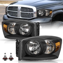 TUSDAR Headlight Assembly Set Fits for 2006-2008 Dodge Ram 1500/2006-2009 Dodge Ram 2500/3500 Pickup Driver and Passenger Side Bulbs Included, Black Housing & Amber Reflector