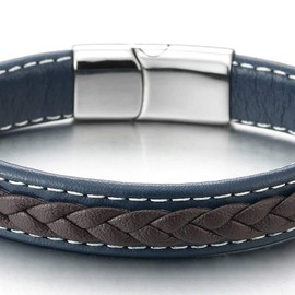 COOLSTEELANDBEYOND Men Women Blue Brown Braided Leather Bracelet, Genuine Leather Wristband with Steel Magnetic Clasp