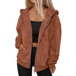 Trendy Queen Zip Up Hoodies for Women Acid Wash Oversized Sweatshirts Fall Cute Y2k Clothes Winter Jackets Vintage Streetwear, Brown, S