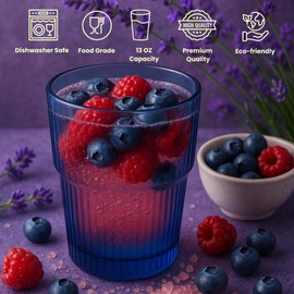 ELEMENT LABS Ribbed Drinking Cups Set of 4-14oz Blue Highball Glass, Stackable Vintage Tumblers for Cocktails, Iced Coffee, Juice & Water, Elegant Everyday Glassware