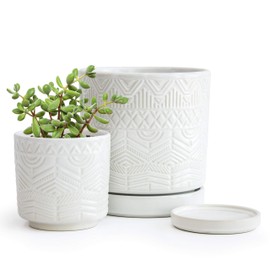 D'vine Dev Set of 2 Modern Matte White Floral Embossed Ceramic Planter Pot with Saucer and Drainage Hole, 4 Inch & 6 Inch, 99-C-1-M