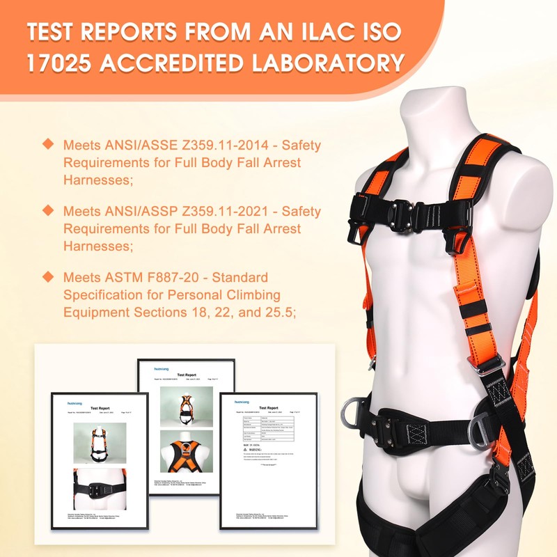 Fall Protection Premium Safety Harness with Shock Absorbing Lanyard, Vented