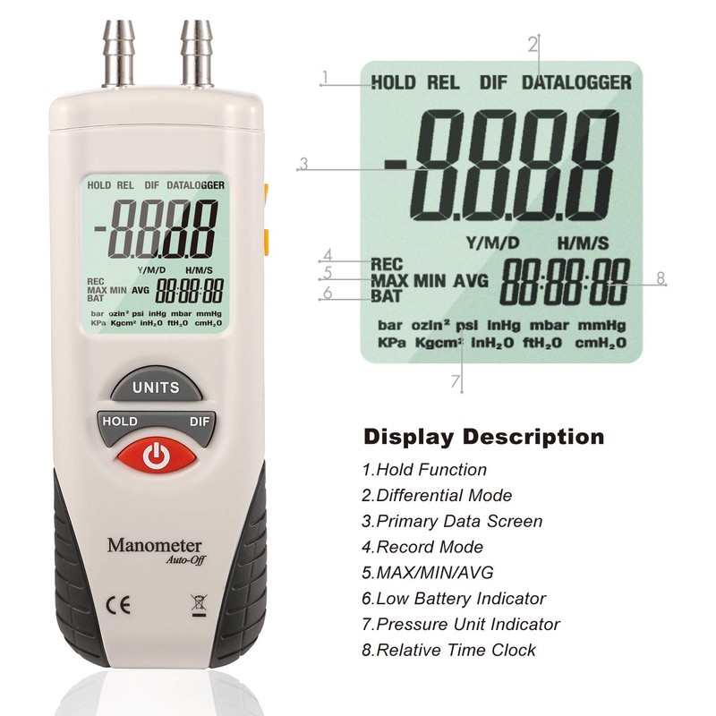 Digital Manometer, Dual Port Air Pressure Meter Pressure Gauge HVAC