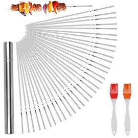 HuLuHouse® Brochetas deAcero Inoxidable,Espadas para Asar Carne,Juego de 50 Brochetas para Barbacoa, 1 Tubo de Almacenamiento y 2 Cepillos de Goma,Ideal para Fiestas al Aire Libre, Picnics, Barbacoas