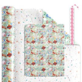 LaRibbons Reversible Christmas Wrapping Paper Jumbo Roll with Pink Pom Pom, Classic Deer and Confetti Gift Wrap Set for Christmas, Holiday, Winter Party, 30 Inch × 40 Feet (100 sq. ft. ttl.)