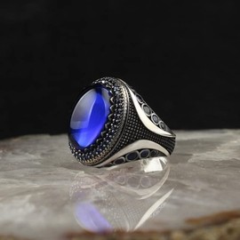 Anillo clásico de color plateado tallado a mano con sello turco para hombre, diseño geométrico de mosaico, piedras azules, anillo punk, joyería de boda, fiesta, azul, plata, 12, Metal, Sin piedras preciosas