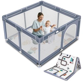 【Clearance Sale】Baby Playpen with Anti-Slip Mat, Indoor&Outdoor Playard Kids Activity Center with Gate,Sturdy&Safety Baby Fence,for Infants & Toddlers:_Grey with Anti-Slip Mat