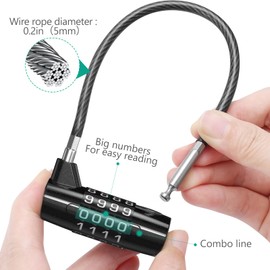 ORIA Long Shackle Combination Lock, 4.41x2.13x0.71'' Cable Lock, 4 Digit Resettable Padlock, Waterproof Gate Locks for Outdoor Fence, Steel Cable Padlock for Gym School Locker Bike