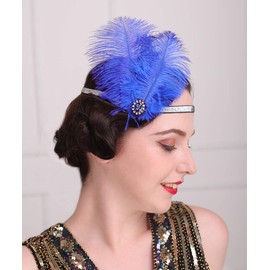 Anglacesmade 1920s Flapper Peacock Feather Headband Royal Blue with Elastic Band Costume Feather Headpiece Great Gatsby Hair Jewelry for Women and Girls