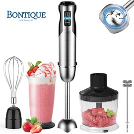 【Christmas Gift】BONTIQUE Hand Mixer Stick Blender, 400W 5-in-1 Multi-Purpose Hand Blender, 12-Speed Food Processor 600ml Beaker, 500ml chopper, Egg Whisk and Milk Frother, Black，Black Friday CyberMonday
