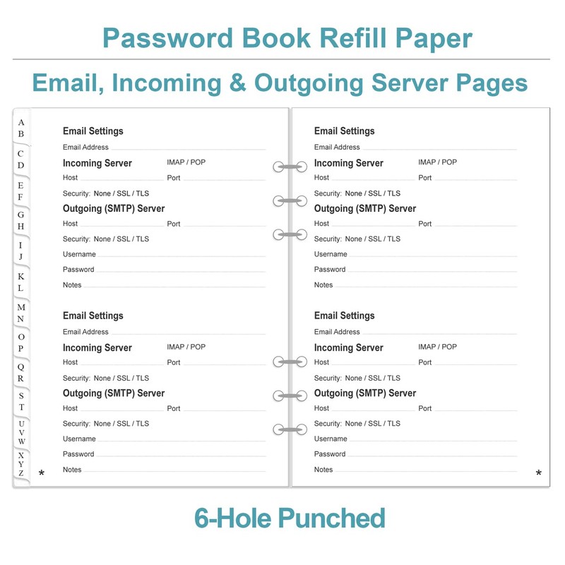 Password Book Refills for A5 Binder - A-Z Password Notebook