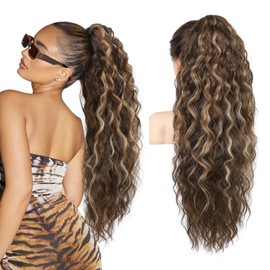 REECHO Ponytail Extension 26" Long Claw Clip Ponytail Extension Curly Wavy Pony Tails Hair Extensions Clip in Synthetic Hairpiece for Women, Chocolate Brown with Highlights