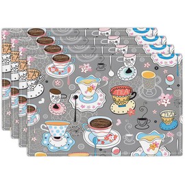 Coffee Bar Placemats Set of 4, Tea Cup Double-Sided Table Mats for Kitchen Dining Room Home Party Indoor Decor 4 PCS 12x18 Inch