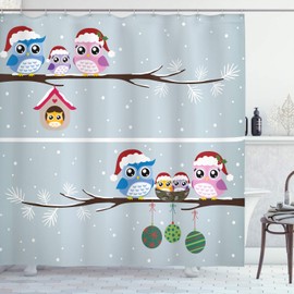 Ambesonne Christmas Shower Curtain, Owl Family with Santa Hats on Tree Branch with Babies in Nest Birds Snowy Winter Print, Cloth Fabric Bathroom Decor Set with Hooks, 75" Long, Grey
