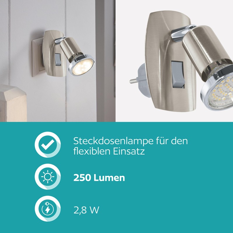 EGLO Mini LED Socket Spotlight, Socket Lamp with Switch, Swivelling
