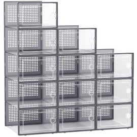 Kuject Large Shoe Organizers Storage Boxes for Closet, 12 Pack Clear Plastic Stackable Storage Bins with Lids, Under Bed Shoe Containers for Entryway, Drop Front, Fit up to Women's Size 10,Dark Gray