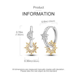 925 Sterling Silver Hypoallergenic Dangle Earrings with Colorful Cubic Zirconia | Trendy Square Huggie Design for Everyday & Special Occasions - Sun Moon and Star Earrings