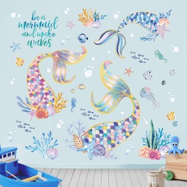 FUFUQUARE Magic Mermaid Tail Wall Stickers Colorful Removable Under The Sea Ocean Wall Decals DIY for Nursery Girls Bedroom Playroom