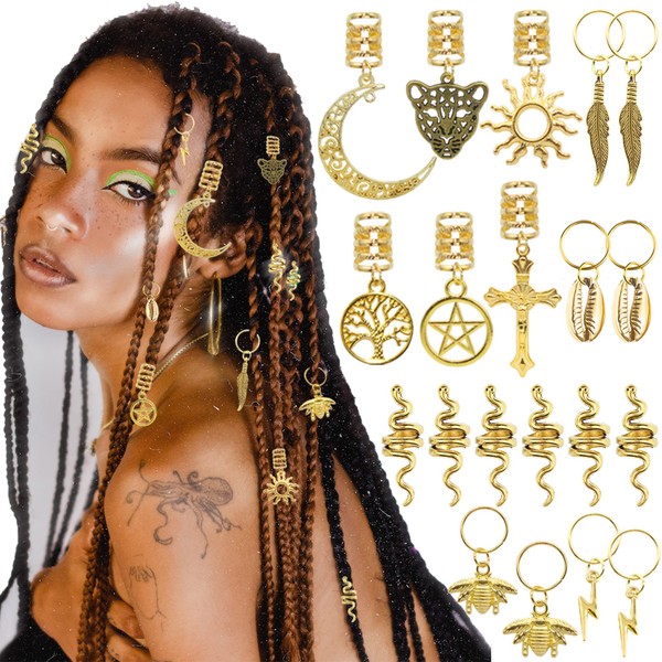 NAISKA 12PCS Moon Hair Accessories Braid Beads Dreadlocks Loc Jewelry for Braids Hair Clip Decoration Hair Beads Cuffs Coils Rings Pendants（Gold & Silver）