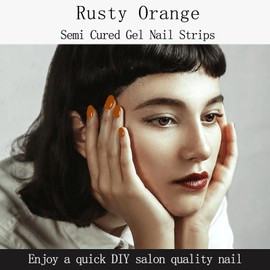IQXGE 20Pcs Rusty Orange Semi Cured Gel Nail Strips Long Lasting Gel Nail Stickers Waterproof Glossy Polish Nails Wraps UV/LED Light Needed Self Adhesive Nails Polish Strips for Women