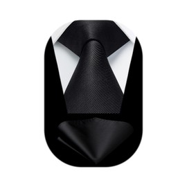Mens Ties Black Ties for Men Necktie with Pocket Square Set Formal Satin Silk Solid Dark Tie Handkerchiefs Classic Wedding Plain Black Neck Tie Set