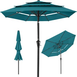 Best Choice Products 10ft 3-Tier Market Patio Umbrella, Outdoor Sun Shade with Tilt, Crank Lift, 8 Ribs for Backyard, Deck, Poolside – Cerulean